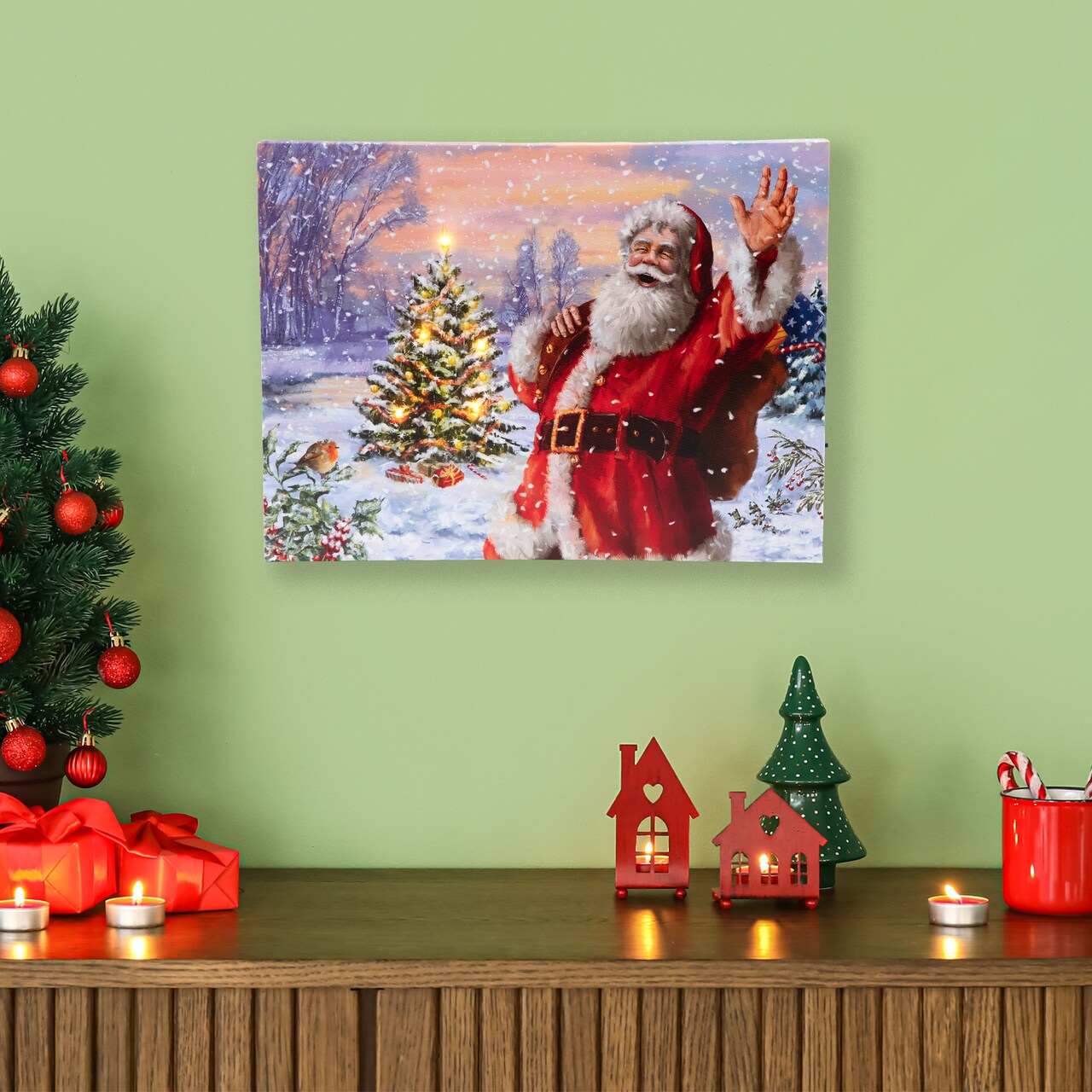 Northlight Lighted Santa with Christmas Tree Canvas Wall Art - 11.75" x 15.75"
